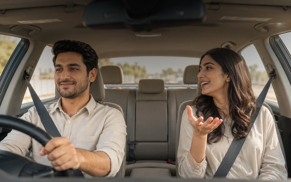 Driver and passenger smiling inside a car